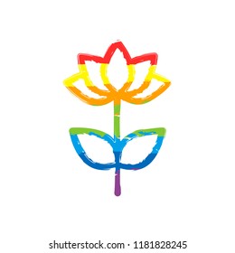 Simple flower symbol. Linear icon. Drawing sign with LGBT style, seven colors of rainbow (red, orange, yellow, green, blue, indigo, violet