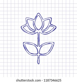 Simple flower symbol. Linear icon. Hand drawn picture on paper sheet. Blue ink, outline sketch style. Doodle on checkered background