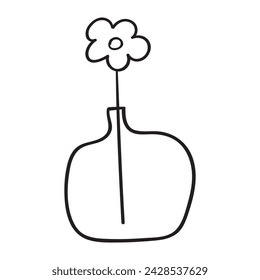 Simple flower in vase. Outline icon. Vector illustration on white background. Hand drawn design. 