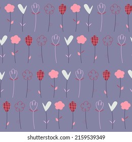 Simple flower vector pattern. Botanical wrapping paper. Botanical textile design. Purple background.