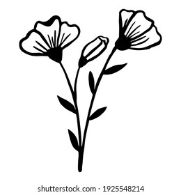 Sencilla rama florida de un árbol primaveral. Ilustración vectorial aislada sobre un fondo blanco dibujado con tinta por las manos. Flores y hojas de contorno negro. Hierbas de campo y plantas para medicina y perfumería.