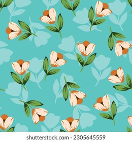 Simple flowers arrangement with shadow on a turquoise background. Seamless pattren design for fabric.