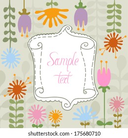 Simple flowers and banner. Stylized flowers and leaves and hand-drawn label for your text. Vector file is EPS8, all elements are grouped.
