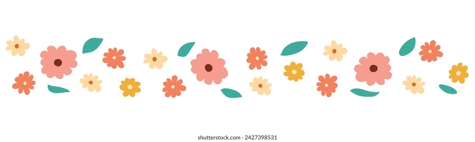 Simple flowers border for mail list, card, banner, invitation. Spring flowers and leaves seamless border pattern. Colorful garden flowers in a row. Floral illustration isolated on white background.