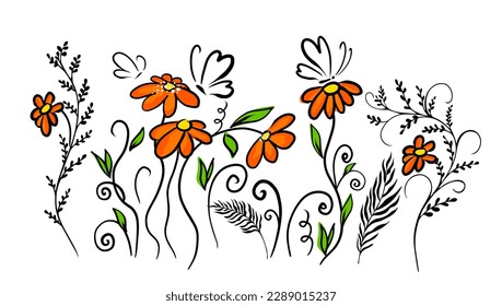 Simple flowers with butterflies lines. Greeting card. Vector illustration