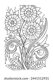 Simple flowers coloring book background coloring book for kids and adults. Art line, art therapy.