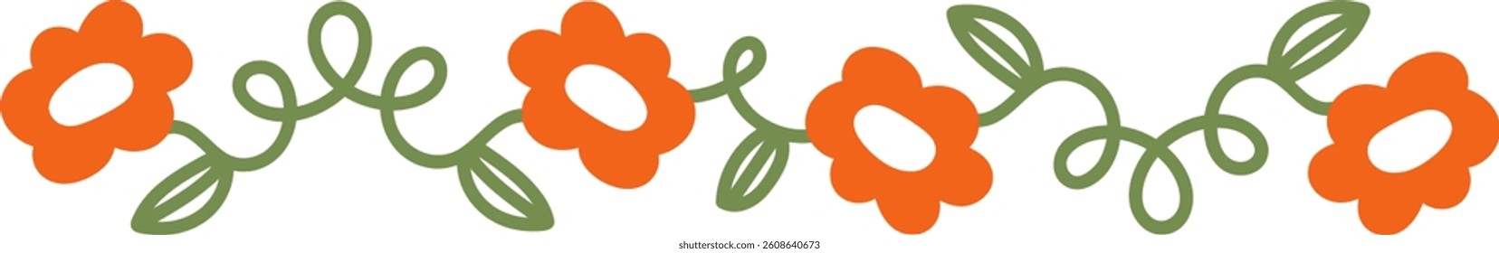 Simple flowers connected by swirling vines in a seamless pattern. Blossoms and tendrils create a continuous decorative line. Cartoon vector illustration.