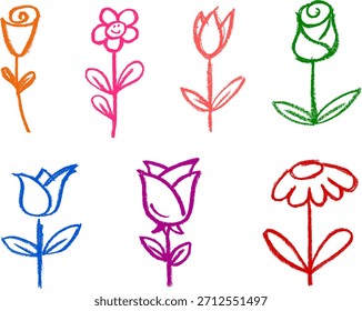 Simple Flowers Crayon Chalk Drawing Doodle Vector Set