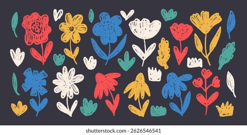 Simples flores crayon conjunto desenhado. Rabiscos ingênuos de giz floral isolados sobre fundo escuro. Daisy, papoula, grama, deixa elementos de esboço. Ilustração de flores silvestres estilo infantil vetorial por lápis.