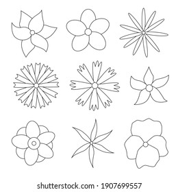 Simple flowers of different shapes. Outline black and white illustration. Suitable for creating patterns, illustrations, as well as decoration and coloring for children. Spring theme 