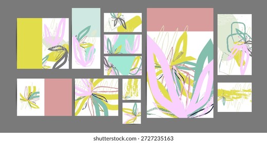 Simples Flores flora confortável pintura escova pastel calmante silenciado pálido tons calmos cartão modelos conjunto. Coleção de convites de natureza