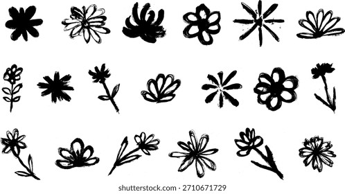 Simple Flowers Grunge Brush Stroke Drawing Vector Set