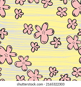 simple flowers and horizontal stripes texture vector seamless pattern