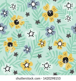 Simple flowers and leaves handdrawn seamless pattern on green background. Botanical color vector backdrop in a cartoon style.