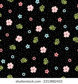 Simple flowers and leaves on dot background. Seamless floral pattern