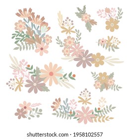Simple flowers pastel-colored floral arrangement in flat style vector illustration, symbol of spring, cozy home, Easter holidays celebration decor, clipart for cards, bohemian springtime decoration