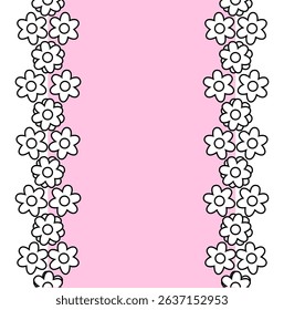 Simple flowers seamless border vertical frame template. Vector graphic line illustration. Black and white Minimal abstract floral tropical repeat print. For logo, web, package, sticker.
