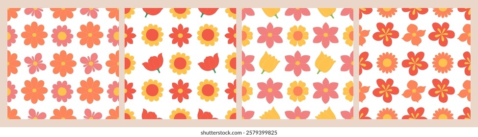 Simple flowers seamless patterns set. Cute collection with different flower heads in orange, red, yellow and pink colors on white background. Vector flat illustration for wallpaper, textile, packaging