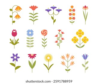 Simple flowers set. Spring colorful elements in flat style. Floral geometric shapes. Trendy blossom for summer, springtime decor, easter, clipart, print, holiday, womens day poster card