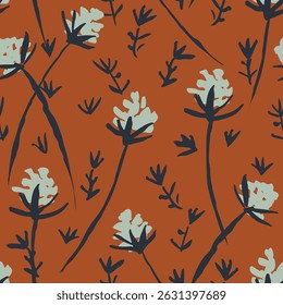 Simple fluffy flowers, leaves and stems as a minimalist retro floral pattern in colors of black and off white on terracotta orange. Seamless vector pattern. Great for home decor, fabric, wallpaper.