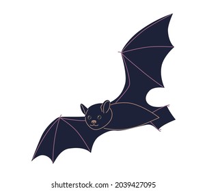 Simple murciélago volador aislado sobre fondo blanco.  Animal nocturno con grandes alas. elemento decorativo de las vacaciones de Halloween. Ilustración plana de dibujos animados.