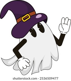 simple flying ghost witch halloween mascot illustration with funny pose and expression