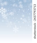 Simple flying snow flakes composition. Winter fleck freeze particles. Snowfall weather white blue illustration. Soft snowflakes christmas texture. Snow cold season scenery.