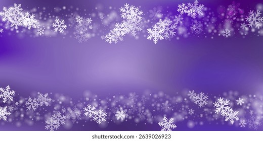 Simple flying snow flakes wallpaper. Snowstorm dust freeze granules. Snowfall sky white purple pattern. Many snowflakes christmas theme. Snow hurricane landscape.