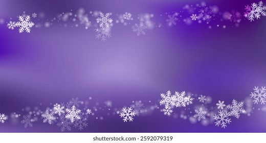 Simple flying snowflakes design. Snowfall dust crystallic shapes. Snowfall sky white purple backdrop. Little snowflakes christmas vector. Snow hurricane scenery.