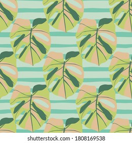 Simple foliage monstera leaves seamless pattern. Green soft ornament on blue stripped background. Great for wallpaper, textile, wrapping paper, fabric print. Vector illustration.