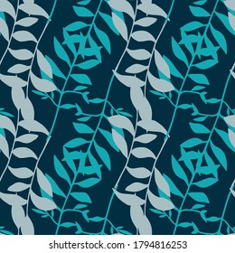 Simple foliage silhouette seamless pattern. Floral artwork in vintage style in blue and navy tone palette. Great for wallpaper, textile, wrapping paper, fabric print. Vector illustration.