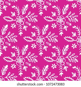Simple Folk Seamless Pattern With Hand Drawn Florals On Magenta Pink Background