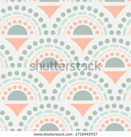 Simple folksy arches with dots, semi circles and lines, forming a maximalist geometric pattern in colors of peach, blue and grey on off white background. Abstract seamless vector pattern. Home decor.