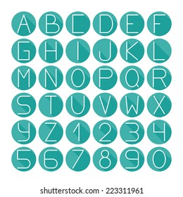 Simple font. Complete abc alphabet set. Vector letters and numbers. Doodle typographic symbols.