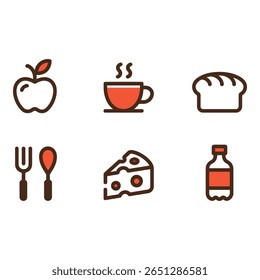Simple Food and Drink Icons Apple Coffee Bread Utensils Cheese Beverage Bottle Modern Line Art Style Clean and Friendly Mood