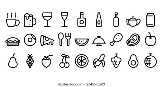 Simple food and drink icons, black lines on white background.