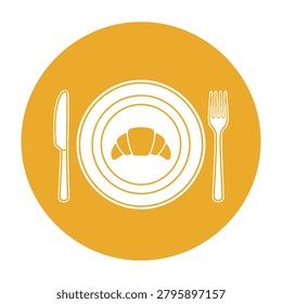 Simple food icon featuring a plate with bread and utensils on a white background