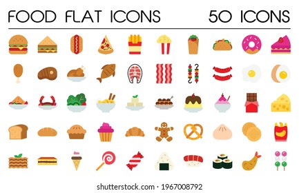 Simple food icon set in Flat style. Breakfast, lunch, dinner, dessert, restaurant, fast food, sweet, bakery. The icon design suitable for mobile app, ui ux design, website or any part of the logo.