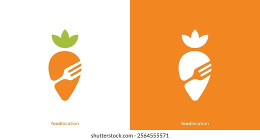 Simple Food Location Logo. Carrot, Fork and Local Location Map Pin Icon Graphic. Vegan Food Logo Design Template.