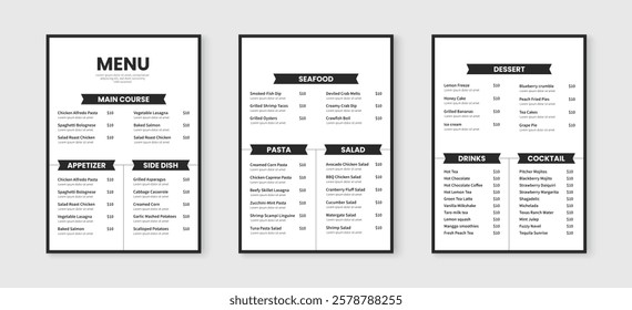 Simple food menu layout design. Menu template for restaurant and cafe. Flyer, brochure, poster vector design