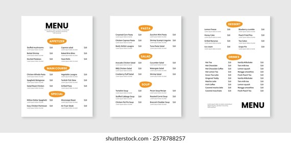 Simple food menu layout design. Menu template for restaurant and cafe. Flyer, brochure, poster vector design