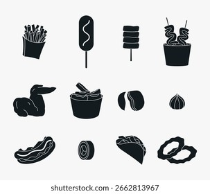 Conjunto de vetor de silhueta de alimento simples. Ícones de comida de rua e Fast food com estilo mínimo arrojado