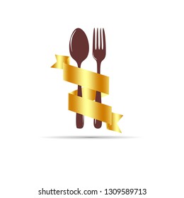 Simple Food Spoon and Fork logo with gold banner vector