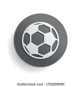 Simple football ball, sport logo. White paper symbol on gray round button or badge with shadow