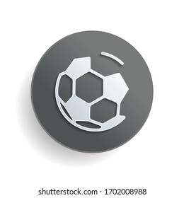 Simple football ball, sport logo. White paper symbol on gray round button or badge with shadow