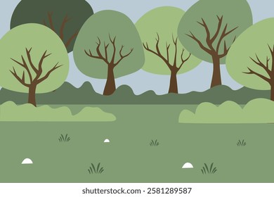 Simple forest background. Rural hill. Countryside. Jungle illustration. Trees. Bushes. Grass. Spring. Summer. Simple background. 