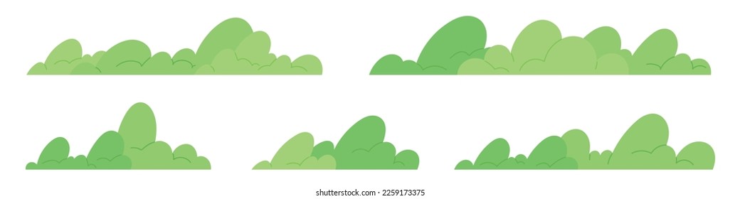 Simple forest bushes. Silhouette collection of trees and grasses line. Cartoon vector illustration