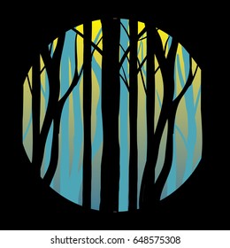 Simple forest illustration, abstract nature in circle frame and black background vector icon