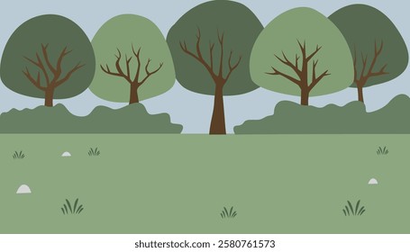 Simple forest illustration. Simple jungle illustration. Hill. Bushes. Trees. Trees at forest. Shrubs. Spring season. Summer season. Park. Land. 