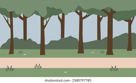 Simple forest illustration. Simple jungle illustration. Forest path. Trees. Bushes. Grass. Rustic. Rural park. Countryside.